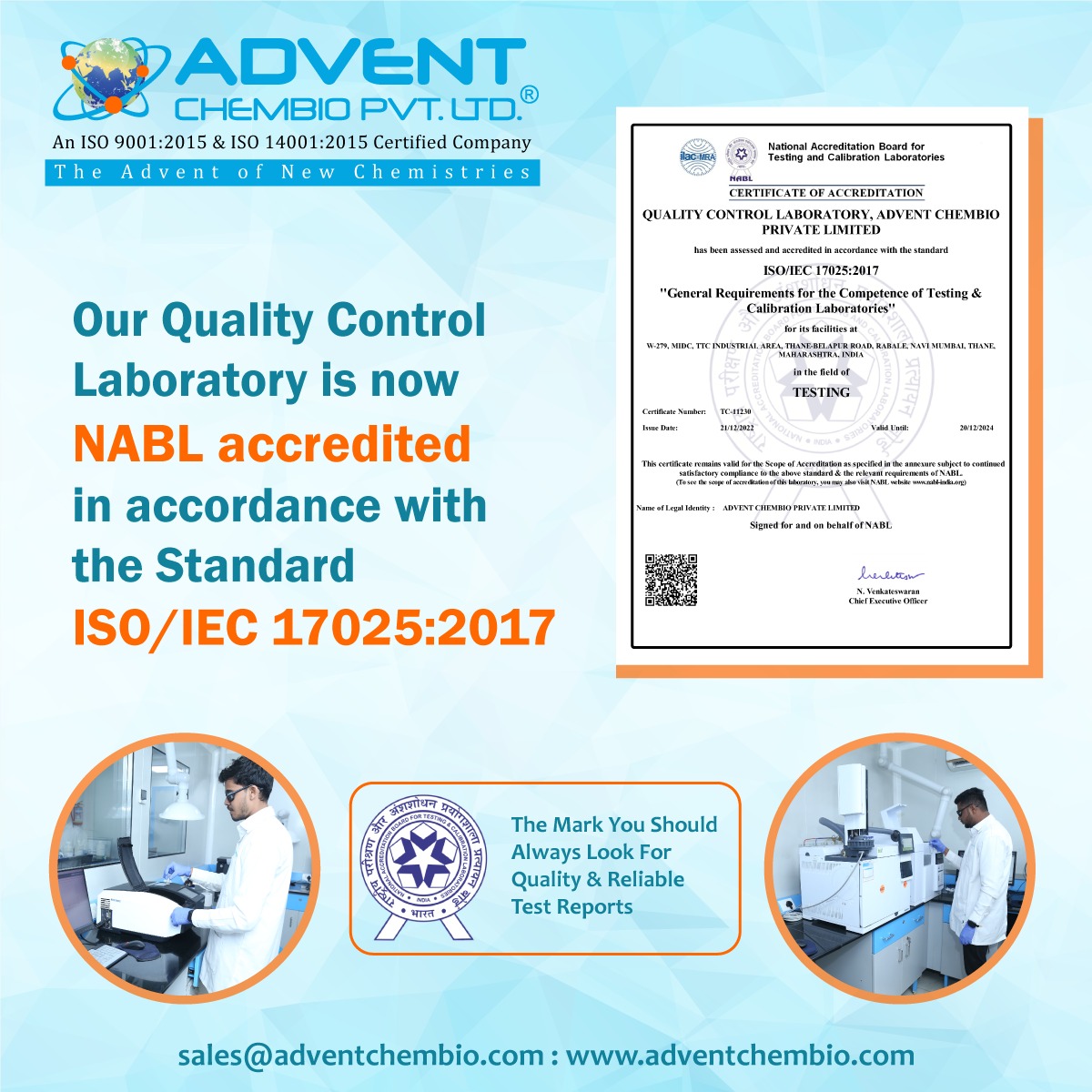 Our Quality Control laboratory is now NABL accredited in accordance with the standard ISO/IEC 17025:2017